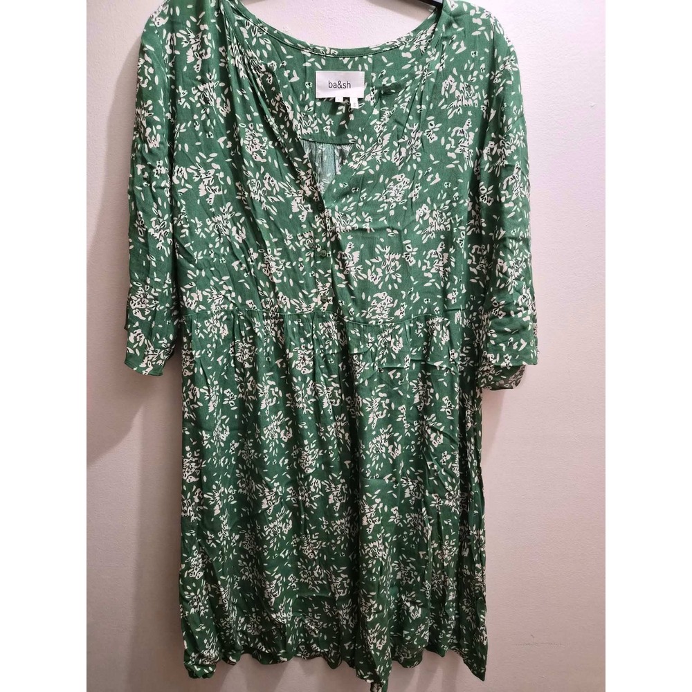 Ba&sh Green Floral V-Neck Mini Dress Elbow Sleeve Size L